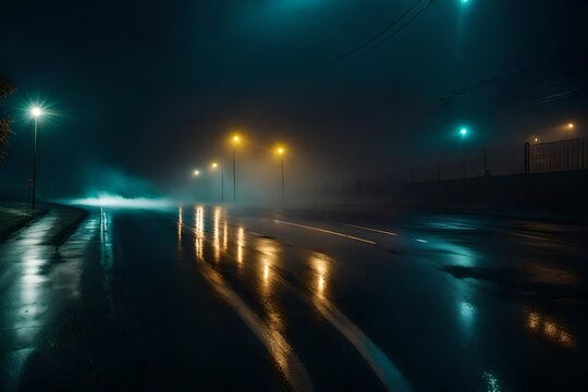 a searchlight, smoke, neon lights reflected in wet asphalt. Dark, desolate roadway with smoke and pollution, with abstract light. Dark background image with a nighttime cityscape and deserted street.