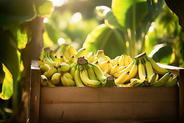 Bananas on wooden box with bananas trees as background - obrazy, fototapety, plakaty