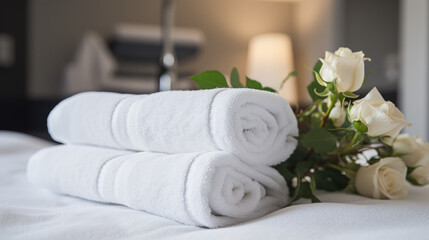 Fototapeta na wymiar Comfort and Cleanliness - Relaxing Hotel Spa Room Background with White Towel and Flower Decoration