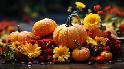 Fresh Pumpkins with Fruits Bunch of Pumpkin Background Selective Focus