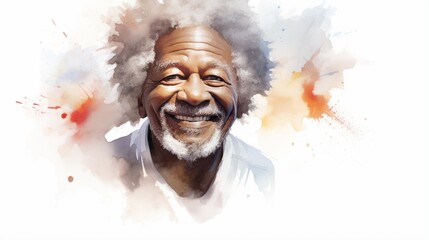 Smiling Old Black Man with Blond Curly Hair Watercolor Illustration. Portrait of Casual Person on white background with copy space. Photorealistic Ai Generated Horizontal Illustration.