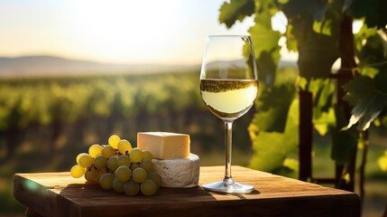 one glass of white wine on a wooden table in clear weather overlooking the vineyards. wine production. alcoholic drink. copy space. - obrazy, fototapety, plakaty