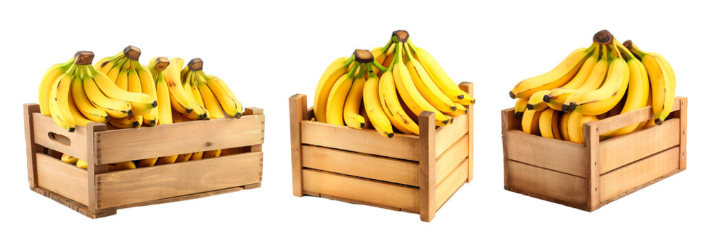 Set of Bananas on wooden boxes over white transparent background