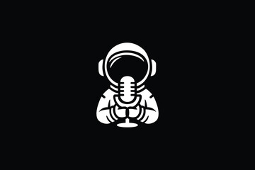 Logo astronaut making a podcast show, flat cartoon character with microphone. 