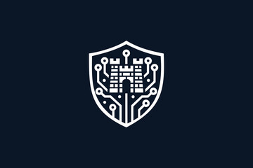 cyber security icon, data information protect, digital system safety, shield, fortress and circuit microchip, thin line web symbol