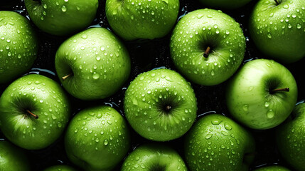 Water Drops on Group of Fresh Green Apple Fruits Dark Background Selective Focus