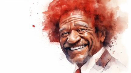 Smiling Old Black Man with Red Curly Hair Watercolor Illustration. Portrait of Casual Person on white background with copy space. Photorealistic Ai Generated Horizontal Illustration.