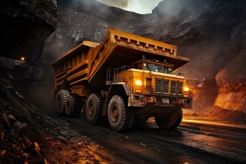 A massive mining truck is loading coal in a quarry for the production of valuable minerals. Generative AI