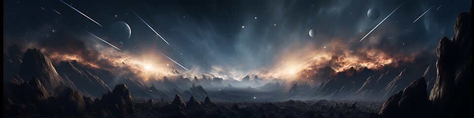 shining explosion and scattered rocks in the deep space - obrazy, fototapety, plakaty