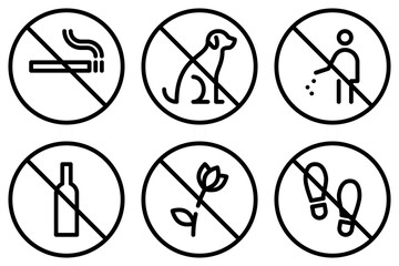 No smoking, dogs, trash, alcohol line icons. Do not pick flowers and walk on lawn outline signs isolated on white background. Prohibition pictograms in linear style. Editable stroke. Vector graphics