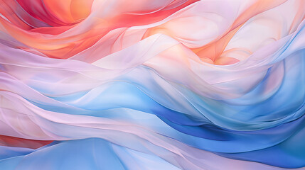 Obraz premium Blue dreamy pastel watercolor flowing waves backdrop., Purple, orange, yellow soft painted wavy folds. Abstract art luxury color wave background. Silk drape waves background for banner copy space