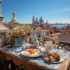 Breakfast on a balcony in Venice. Luxury tourist resort breakfast in hotel room. 2  © IrynaD