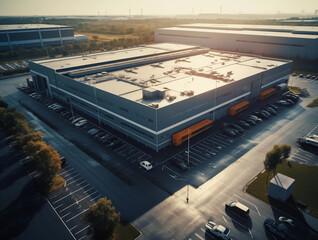 Aerial image of a large warehouse surrounded by a parking lot and trees during magic hour