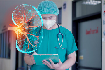 The doctor looks at the inflammation kidney hologram, checks the test result on the virtual...