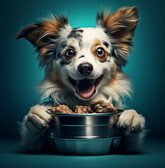 Adorable Dog with Bowl of Kibble Dinner. Generative ai - 667724941