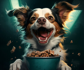 Adorable Dog with Bowl of Kibble Dinner. Generative ai - obrazy, fototapety, plakaty