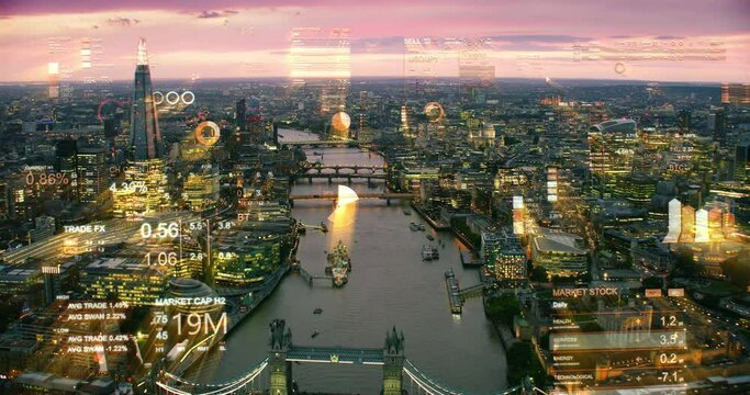
Futuristic Aerial View of London with Financial Charts and Graphs. Augmented Reality Elements. Stock Market, Stocks, Trading, Bear Market, Bull Market, Big Data, AI, IOT. United Kingdom.