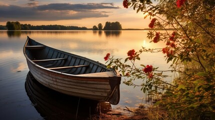 An old wooden rowboat moored by the calm shore of a rural lake
