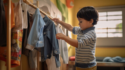 Little boy picks out clothes for kindergarten or school at his home