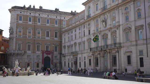 Closeup of upper side of ancient Egyptian obelisk on Piazza Navona in Rome on sunny day on background of blue sky. Italian name Obelisco Agonale. Fountain of Four Rivers - Fontana dei Quattro Fiumi.