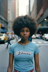 retro image of African-American woman with afro hair and blue t-shirt