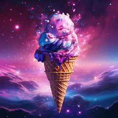 Multicolored Ice Cream Cone floating in Deep Space. generative ai