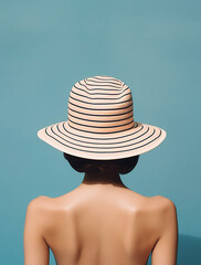 Woman Wearing Striped Dress and Straw Hat on blue Water Background. Generative ai