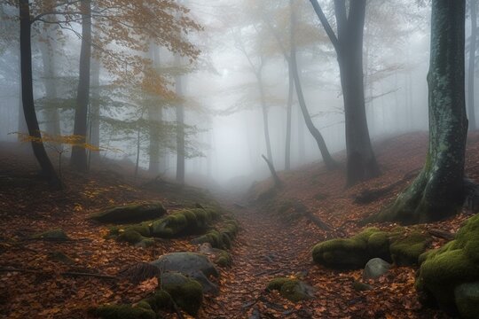 A mysterious forest covered in mist provides a picturesque scenery. Generative AI