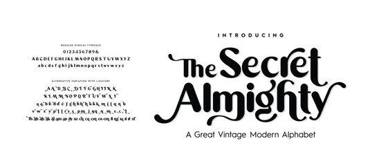 The Secret Almighty, rounded typography. Elegant stylish alphabet letters font, ligatures, and number. Vector illustration