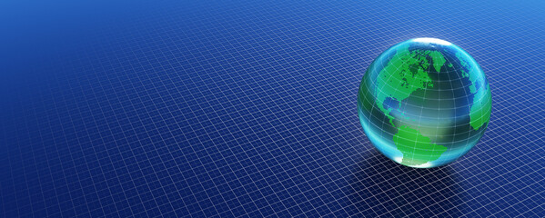 Nice looking detailed glass earth on a blue print millimeter paper grid floor that represent measuring, business and science. Wide angle 3d illustration for website or social media header