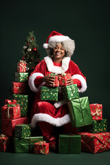 African American Female Santa Sitting in Midst of Many Gifts. Generative ai - 667726176