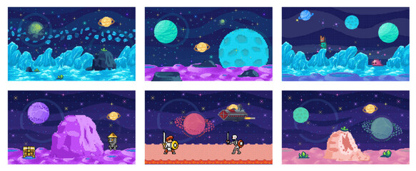 Space game. Vector illustration. The cosmic setting in game immerses players in vast and awe-inspiring universe Piloting starship through pixelated galaxies is ultimate space game adventure The space © Dmytro