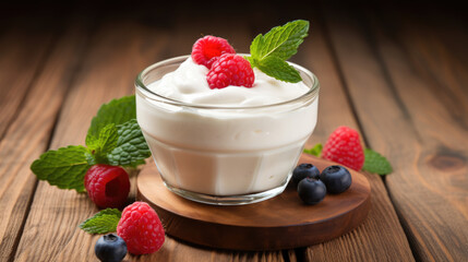 Homemade yogurt with berries on a wooden background