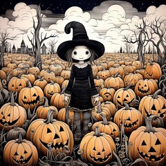 illustration with field full of halloween pumpkins with scarecrows