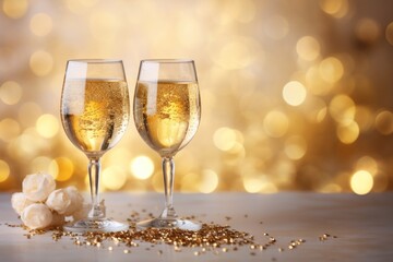 Joyful New Year Celebration: Two Champagne Glasses Toasting in Sparkling Festive Background