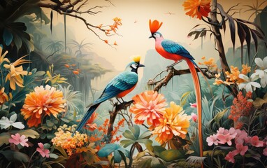 Exceptionally beautiful wall-hanging paintings, featuring a combination of animals, plants, flowers, and abstract elements. Created by AI