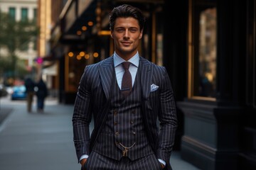 A Well-Dressed Gentleman Standing Confidently on the Urban Sidewalk