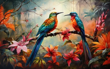 Exceptionally beautiful wall-hanging paintings, featuring a combination of animals, plants, flowers, and abstract elements. Created by AI