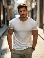 Fototapeta premium Male Latin model in classic plain white cotton t-shirt on city street. Suitable for clothing mockup, e-commerce websites, fashion blogs or product advertisements.