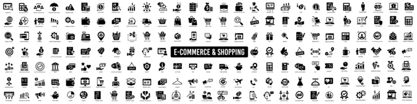E-commerce shopping icons set. Online shopping icons set and payment elements. Vector illustration