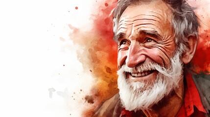 Smiling Old Latino Man with Red Straight Hair Watercolor Illustration. Portrait of Casual Person on white background with copy space. Photorealistic Ai Generated Horizontal Illustration.