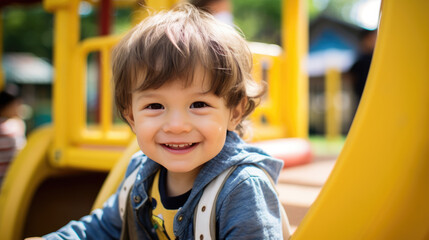 Little boy preschooler playing on the playground outside