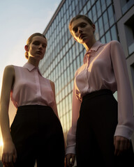 Generative ai twins sisters posing outdoors fashionable and confident
