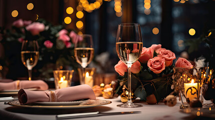 Holiday romantic evening set with wine glasses and festive background. For Christmas or wedding