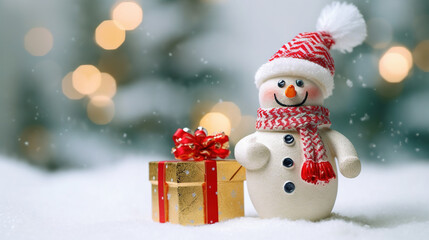 Fototapeta na wymiar Cute Snowman in His Red Outfit For Merry Christmas Greeting Background Focus on Foreground