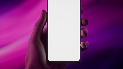 Caucasian male holding a phone in vertical orientation against vivid background