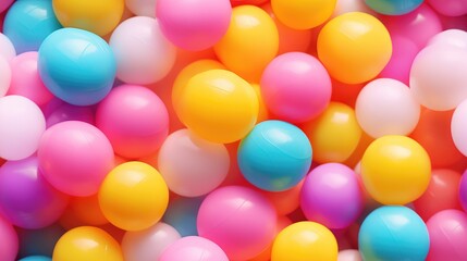 Fototapeta na wymiar Colored plastic balls in pool of game room. Dry Swimming pool for fun and jumping in colored plastic balls. The concept of celebration and fun
