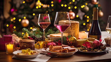 Naklejka na ściany i meble Christmas evening dinner table with festive food and sparkling wine glasses, holiday xmas concept