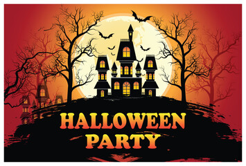 Castle, haunted house and ghost hands, tomb on full moon night. Vector