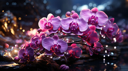 A Beautiful Purple Orchid Flowers and shiny Particles Bokeh Background - obrazy, fototapety, plakaty